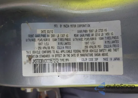 2012 Mazda Cx-9 Sport из США, поврежденный, VIN JM3TB3BV0C0357272